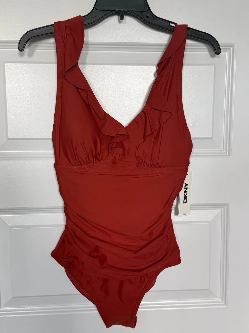 NWT DKNY Rust Ruffle V-Neck One-Piece Swimsuit Sz small - Picture 3 of 9